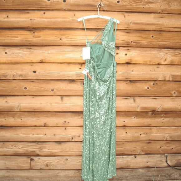 NWT Mac Duggal SEQUINED ONE SHOULDER DRAPED LACE UP GOWN 5687 Green Size 14 - Picture 10 of 16